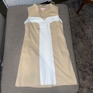 Lilly Pulitzer Beige Tan Off White Block Ponte Knit Sleeveless Shift Dress Sz 2